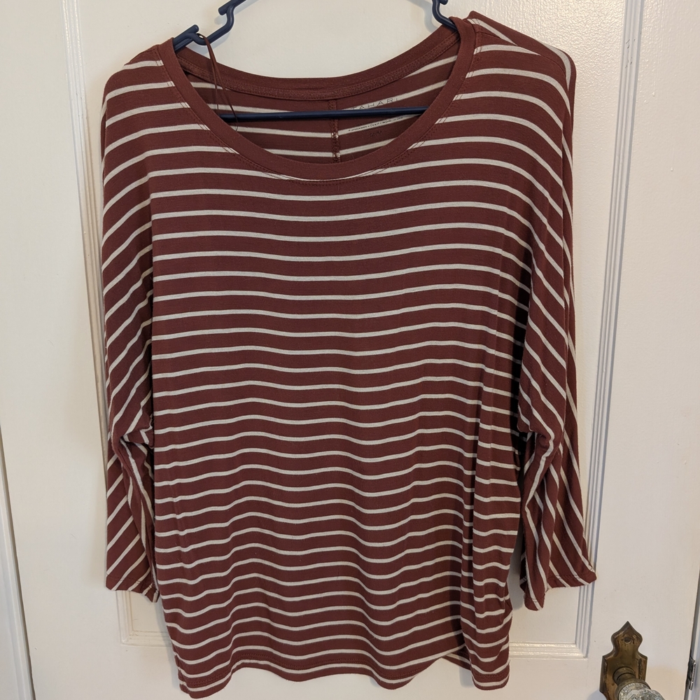 Tahari Rust and Cream Striped Long Sleeve Scoop Neck Top